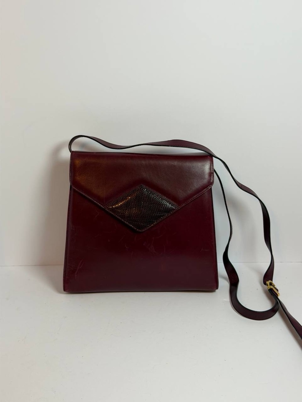 Vintage Salvatore Ferragamo Burgundy Leather Snakeskin Detail Crossbody Bag